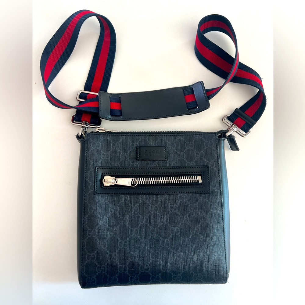GG Supreme Monogram Appia Calfskin Web Flat Messenger Bag Black Grey